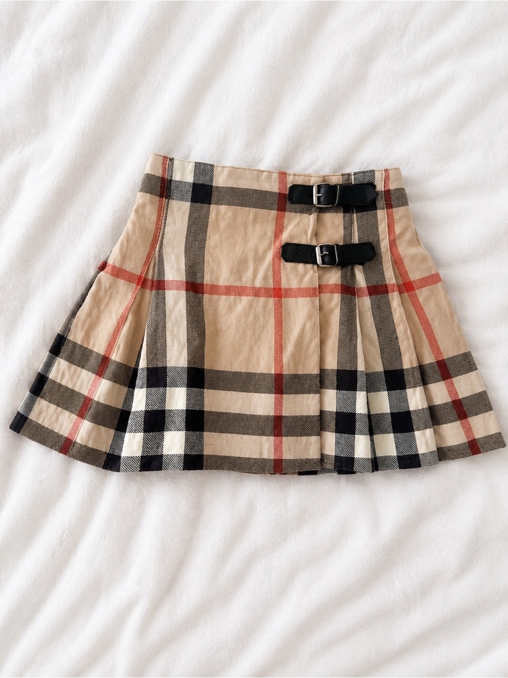 Burberry Beige Plaid Pleated Mini Skirt with Black Buckle Straps